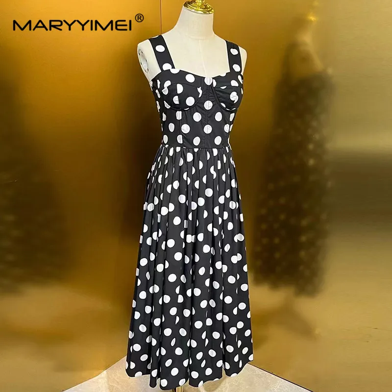 MARYYIMEI Summer Women\'s Dress Cotton Square-Neck Spaghetti Strap Backless Dot Print High Waisted Pleated Dresses