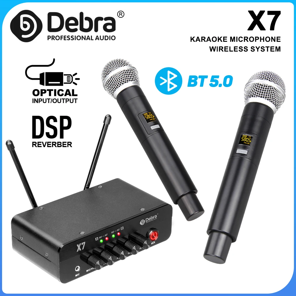 Debra X7 Wireless Handheld Microphone System with 5.0 Bluetooth, DSP Reverb, Optical Connector for Churches and Karaoke