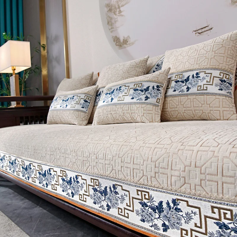 Chinese Style Sofa Cushion Cotton Four Seasons Universal Fabric Non-slip Simple Double-sided Embroidery Nordic Towel Cover