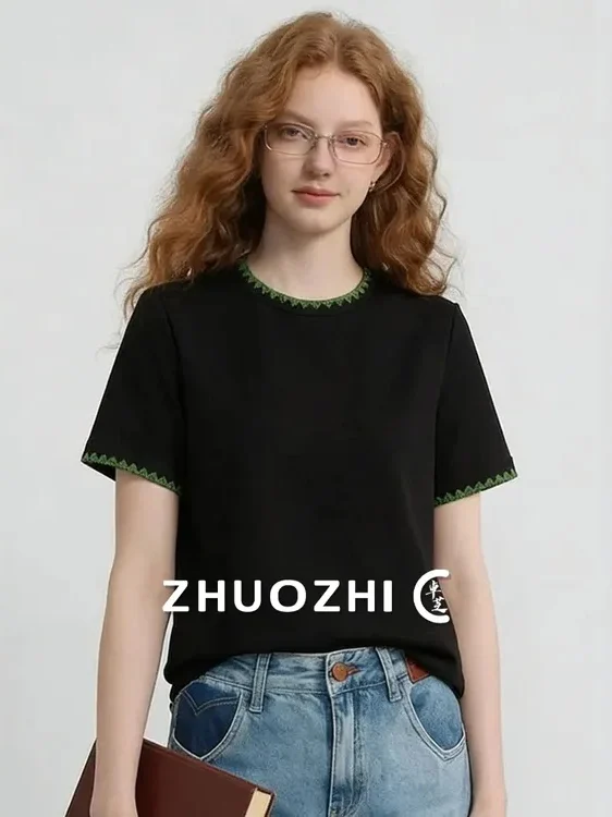 

Футболка ZhuoZhi в минималистичном стиле с круглым вырезом и цветовыми блоками, летняя новинка, простой повседневный женский топ с коротким рукавом