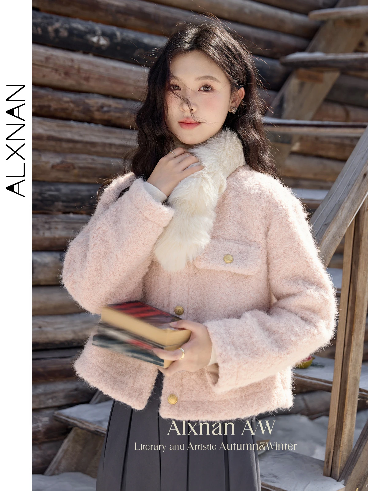 

ALXNAN короткие пальто, шерстяная утолщенная зимняя куртка с металлическими пуговицами и круглым вырезом, свободная посадка с длинными рукавами, нежная элегантная женская верхняя одежда L52382