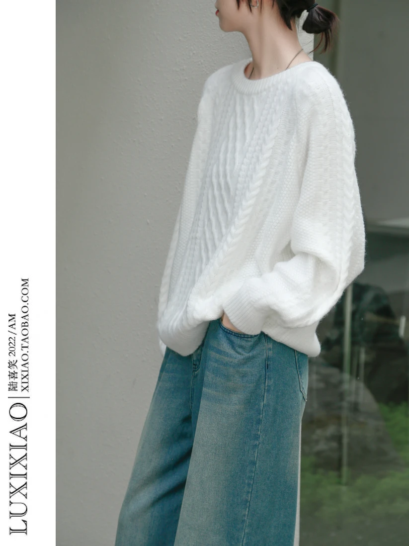

LUXIXIAO Women's Thiened Loose round Ne Sweater Autumn Winter Outerwear Korean Sle White Long Sve Thermal Top