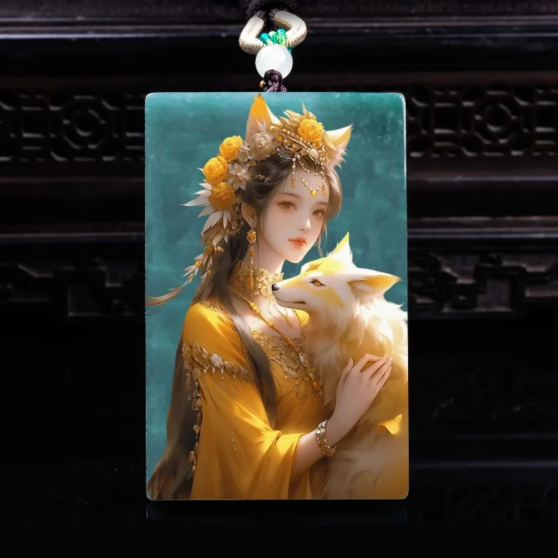 

Натуральный нефрит класса А, изысканный кулон из высококачественного ледяного нефрита с изображением Девятихвостой лисы-феи, расписанный вручную, с узором цветов персика, приносящий удачу.