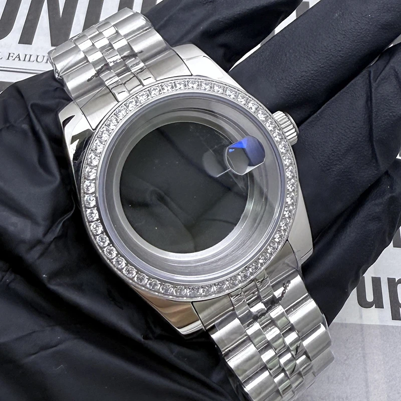 NH35 316L Stainless Steel 36mm/39mm Silver Diamond =Case+Jubilee Sapphire Magnifying Glass Watch Case Fit NH35/NH36 Movement