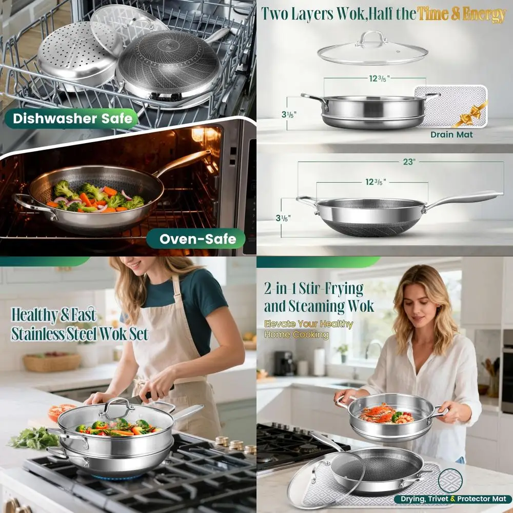 

Гибридная 13-дюймовая сковорода-вок из нержавеющей стали с пароваркой, посуда POA ree, антипригарная сковорода-вок и сковорода для жарки с крышкой и дренажным ковриком, Works