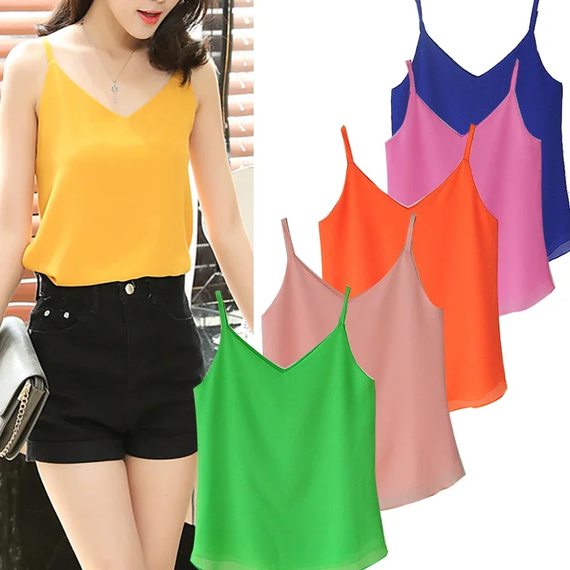 Summer V-neck Chiffon Vest Loose Spaghetti Strap Candy Solid Chiffon Top & Shirt 27 Colors