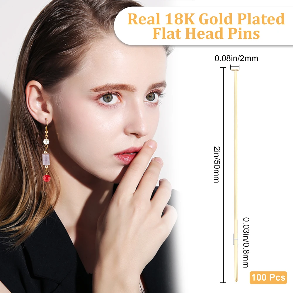 100Pcs/Box Flat Head Pins 18K Gold Plated Beading Pins 50mm Jewelry Head Pins for Earring Beading DIY Craft - view 2