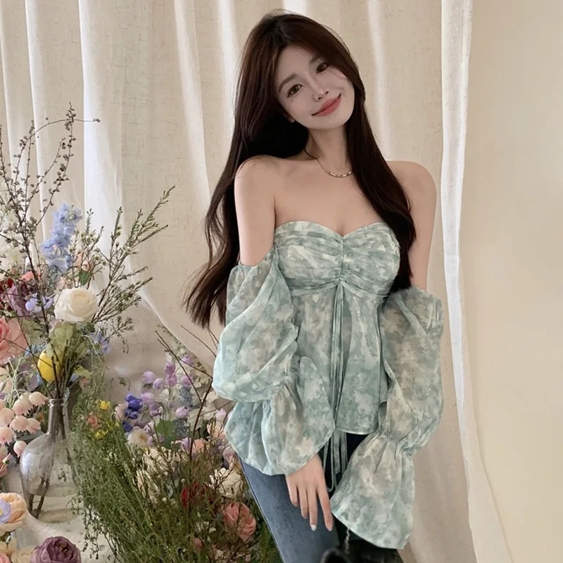 Elegant Countryside Leisure Style Sexy Off Shoulder Chiffon Shirt One Shoulder Fragmented Flower Top Hanging Neck Sling Top