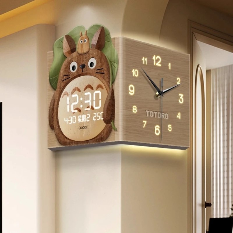 Log Style Double-Sided Wall Clock  Cartoon Cat Digital Clock Mural Restaurant Turn Corner LED Silent Quartz Clock Home Decor