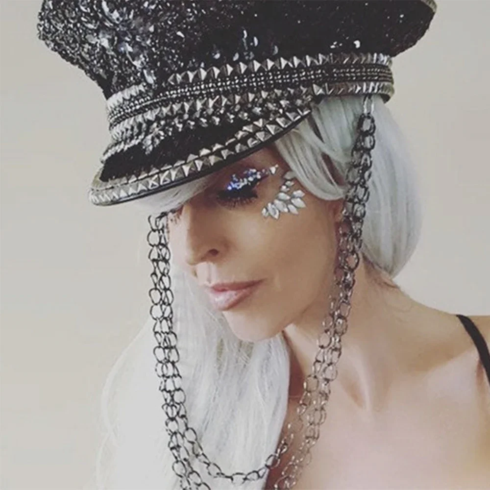 Luxury Women Black Sequin Burning Bride Military Hat Bridal Captain Sergeant Hat Rhinestone Octagonal Festival Birthday Part Hat