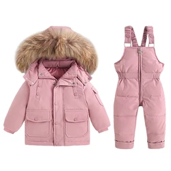 -30Degree Russia 2Pcs Set Children Winter Down Jacket and Jumpsuit Thicken Boy Girls Ski Suit Real Fur Collar Warm Kids Snowsuit