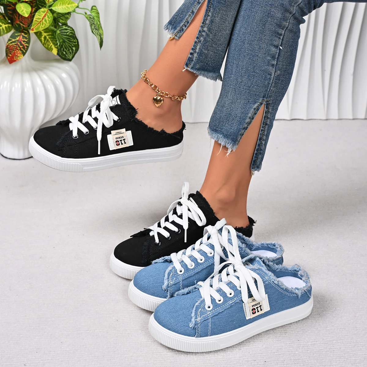 

Women Mules Shoes Spring Summer Women Canvas Sneakers Low Top Denim Sneakers Ladies Lace-Up Flat Canvas Board Shoes Female