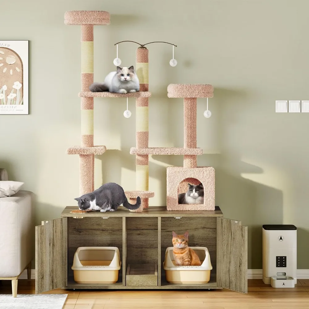 

71 Inch Cat Tree With Double Cat Litter Box Enclosure Tree for Cats Trees Castle Towers Supplies Pet Products Oak Cat tree