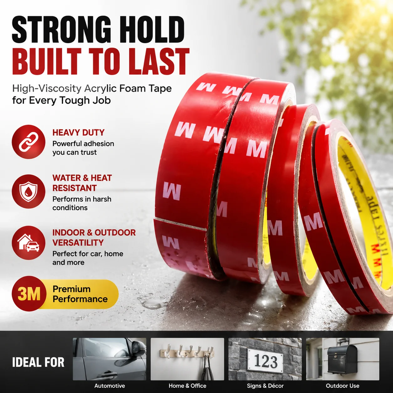 3m High-Viscosity Acrylic Foam Tape Heavy Duty Double-Sided Adhesive, Heat & Water Resistant for Car Home Indoor Outdoor Use