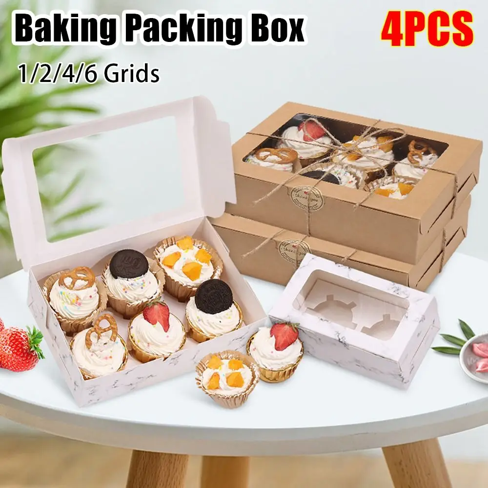 2/4Pcs Cupcake Packing Baking Packing Box 1/2/4/6 Grids Kraft Paper Gift Package Boxes Transparent Window For Cake Muffins