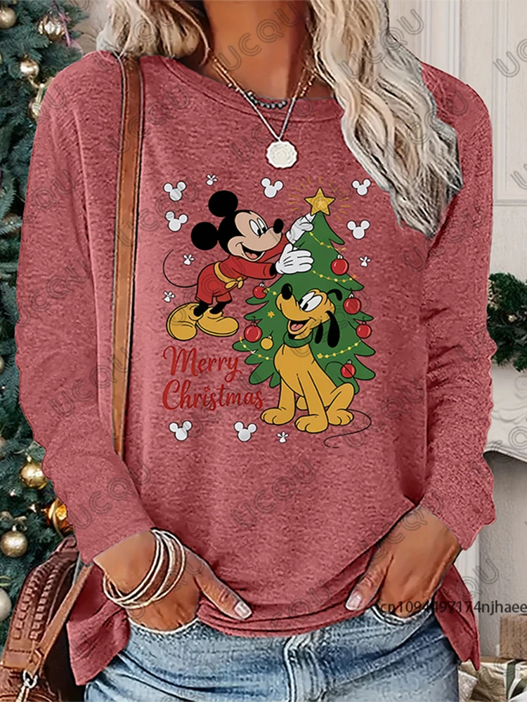 عيد الميلاد ميكي وبلوتو تزيين شجرة عيد الميلاد طباعة الخريف طويلة الأكمام تي شيرت للنساء عادية تيز المتضخم زوجين الأعلى #3