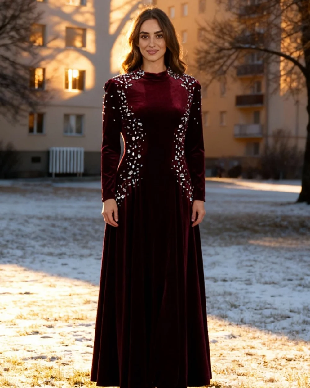 

Customized Modern Style Women Formal Velour Rhinestone Pleat Straight High Collar Long Sleeves Evening Dresses Sizes Available