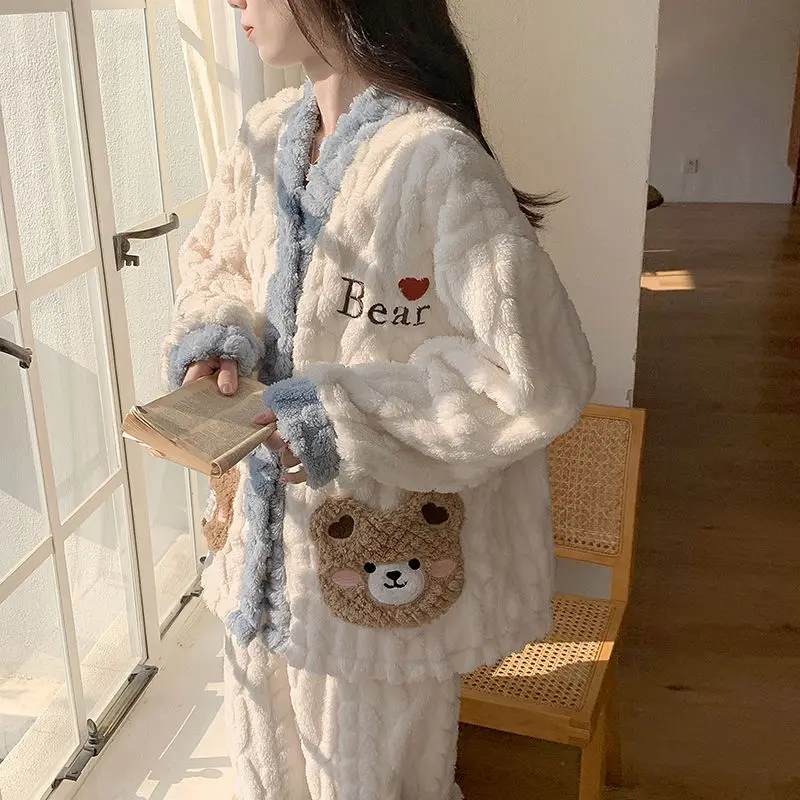 Women Coral Velvet Pajamas Winter New Fleece-lined Thickened Cartoon Bear Nightclothes Suit Thermal Flannel Female Homewear Sets