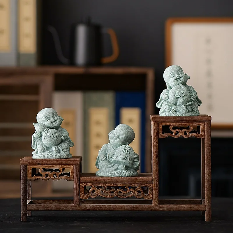 Green Sandstone Fu Lu Shou Little Monk sculptures and figurines Cute Home Room Office Wealth Luck Feng Shui Decor statuette