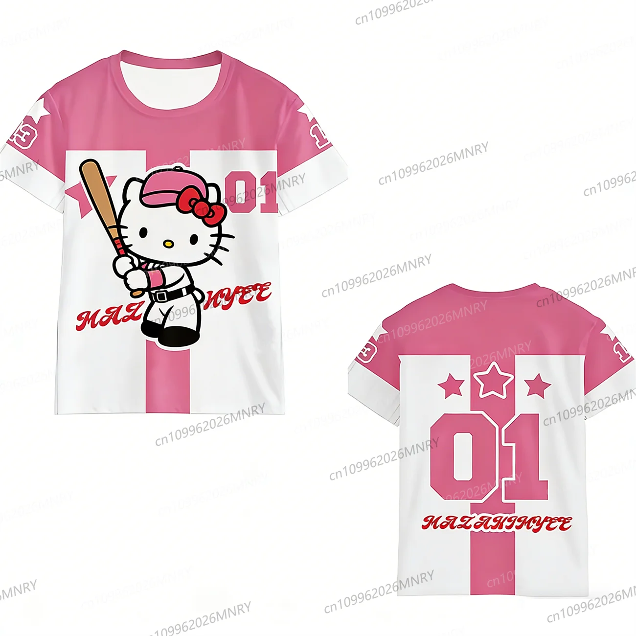 

Летняя мужская футболка с коротким рукавом, новый стиль, бейсбольная футболка оверсайз Hello Kitty для пар, для взрослых и детей, топ, детская футболка