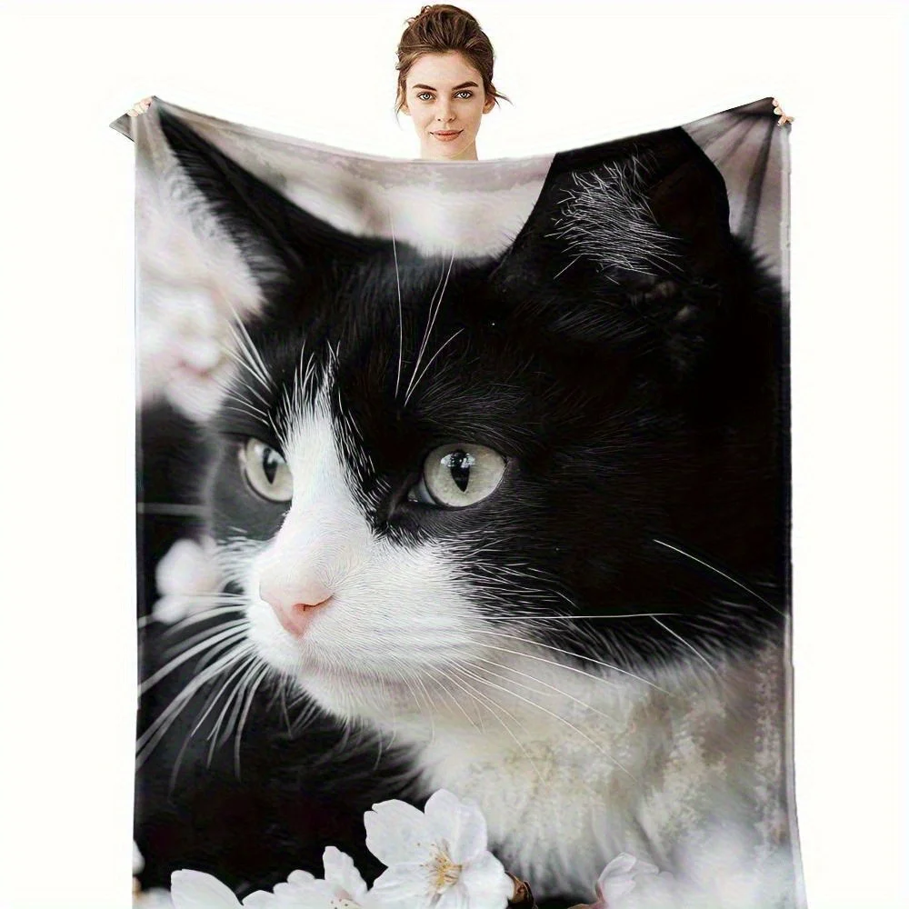 

Супермягкое фланелевое одеяло — черно-белый узор кота и вишни, всесезонное легкое одеяло, современный стиль