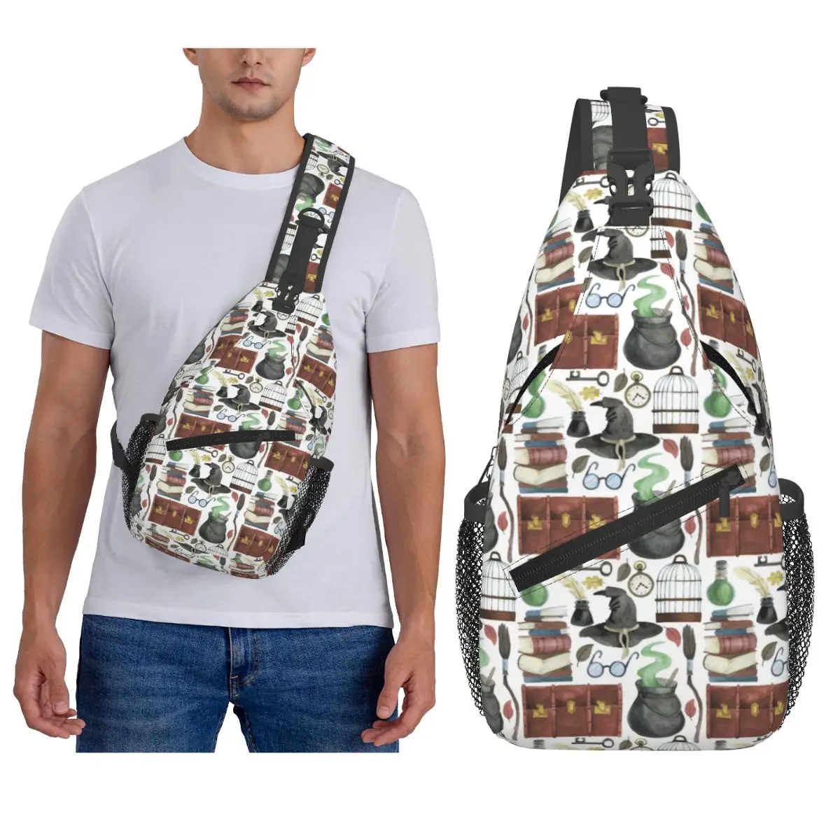 

Нагрудная сумка с рисунком инструмента ведьмы, мужской рюкзак через плечо на слинге, нагрудная сумка, дорожный походный рюкзак, сумка на плечо