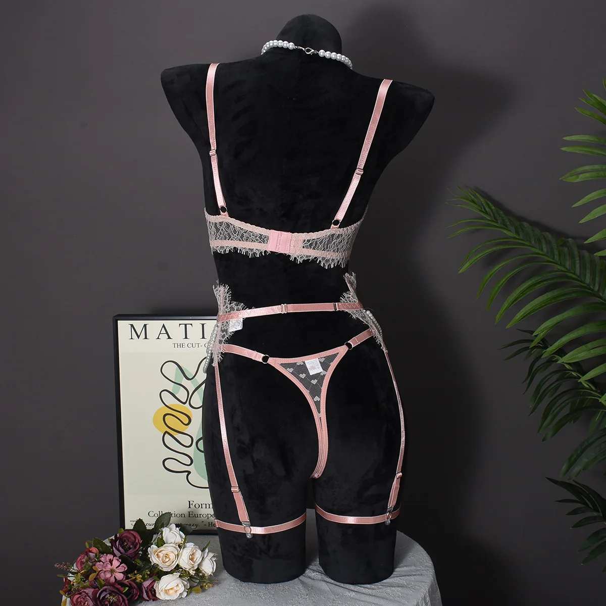 4-piece Set Sexy Lingerie Set Women Solid Lace Bra With See Through Lace Fishbone Pearl Erotic Lingerie Outfits For Party Club