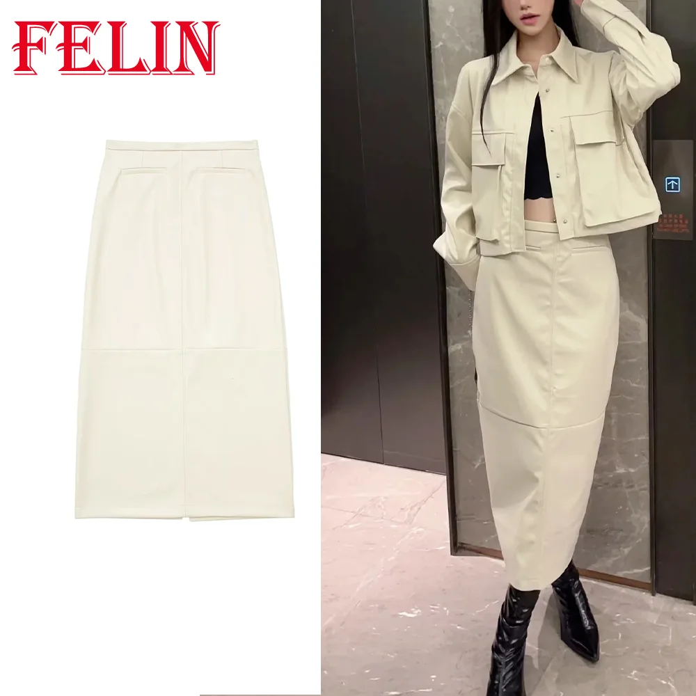 TRAF 2023 Autumn Leather Solid Slim Skirt Double Pockets Straight Women Clothes Korean Stylish Casual White Elegant Mujer Skirt