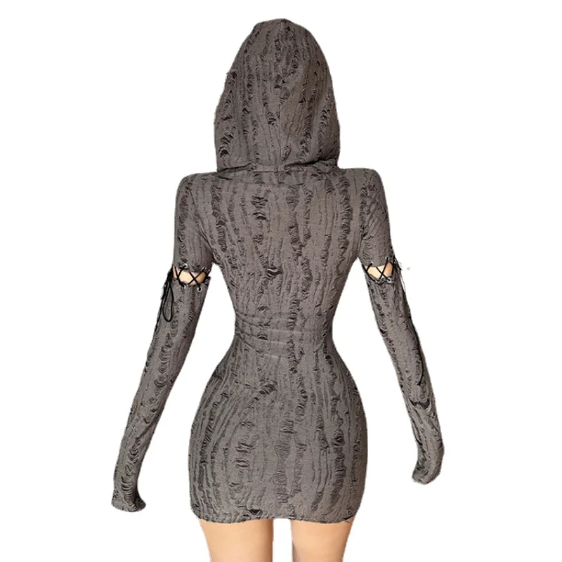 

Nightclub Bar Wasteland Style Women's Clothes Sexy Long-Sleeved Dress Hooded Distressed Ripped Slim Hollow Hip Skirt