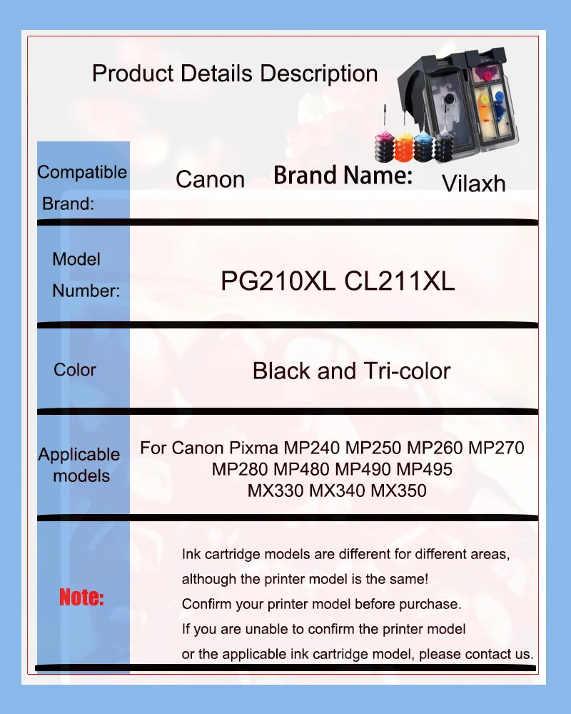 Vilaxh PG 210 CL 211 Refilled ink cartridge for CANON PG210 CL211 XL for Pixma MX320 MX330 MX340 MX350 MX410 MX420 Printer