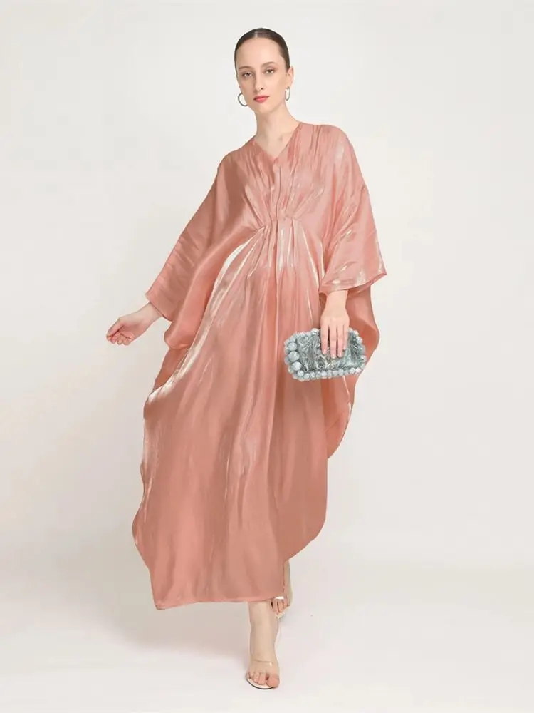 Eid Organza Shiny Batwing Satin Abaya Dubai Luxury 2024 Muslim Damen Shimmer Abayas For Women Maxi Kaftan Dress Islam Clothing