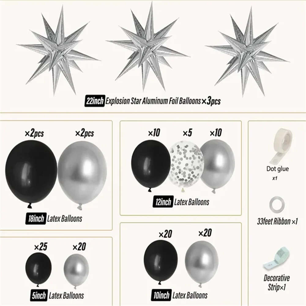 120 Pcs Silver and Black Balloon Garland Arch kit, Latex Balloon for Birthday, Graduation, Baby Shower, Disco, Party Decor