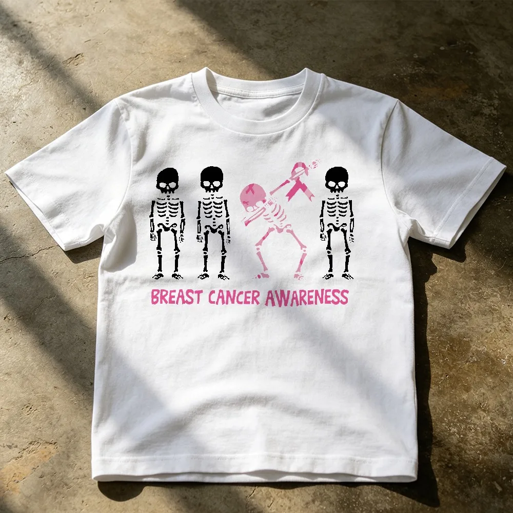 Funny Dabbing Skeleton Pink Ribbon Breast Cancer Awareness Graphic T-Shirt Short Sleeve Cotton Halloween Support Men Women Shirt