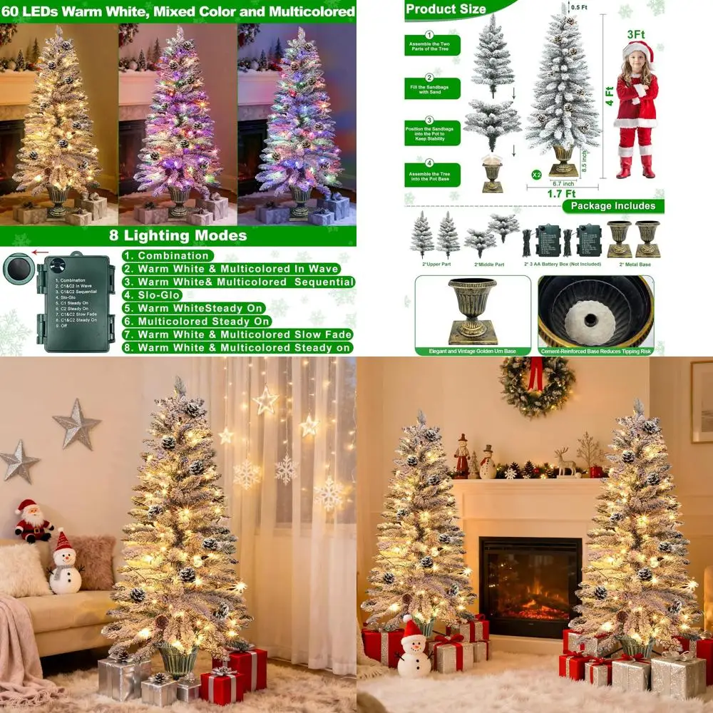 

2-Pkg 4ft Snowy Christmas Trees with 8-Mode Timer, 60 LED Lights, and 12 Battery-Powered Pine Cones for Outdoor Entryways