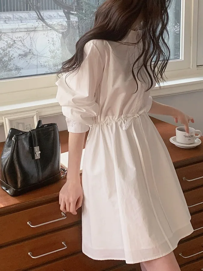 تنورة أنيقة بيضاء irt Dr للسيدات برباط الخصر للتنحيف على شكل حرف a للتنقل الكوري Sle طويل Sve ألياف البوليستر