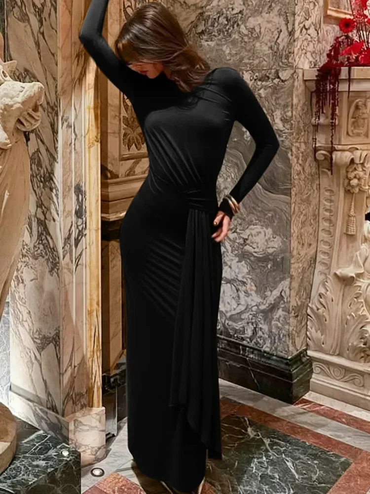 Chaxiao Jesienna Sukienka Maxi z Długim Rękawem, Marszczona, Seksowna, Damska Moda, Jednolita, Dekolt O, Drapowana, Obcisła, Klubowa, Imprezowa, Długa Sukienka Damska