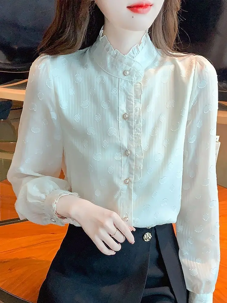 Camisa de chiffon com gola francesa feminina, blusa de manga comprida, estilo elegante e elegante, linda camisa base, nova