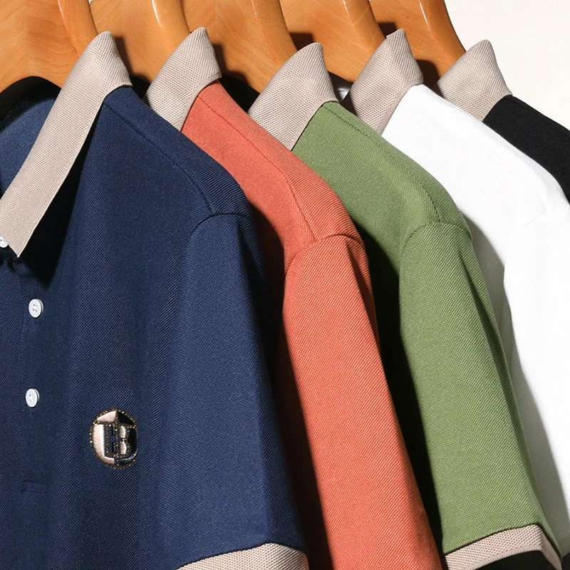 قميص بولو رجالي جديد مطرز من القطن للأعمال والترفيه بأكمام قصيرة، قميص مريح وقابل للتنفس