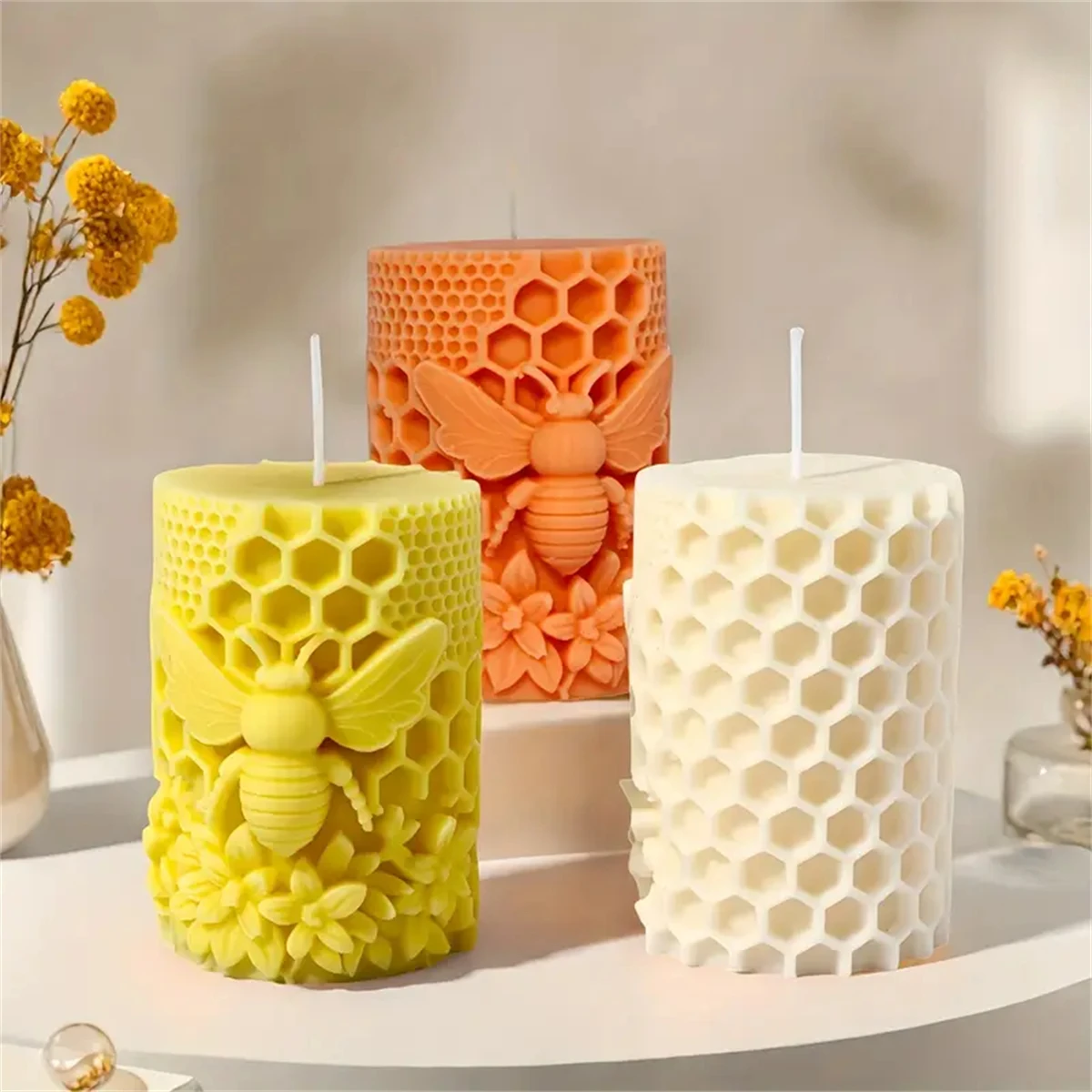 3D Waben Säule Kerze Silikon Form DIY Geprägte Biene und Blume Waben Zylinder Aromatherapie Kerze Gips Form Dekor – Detail 8