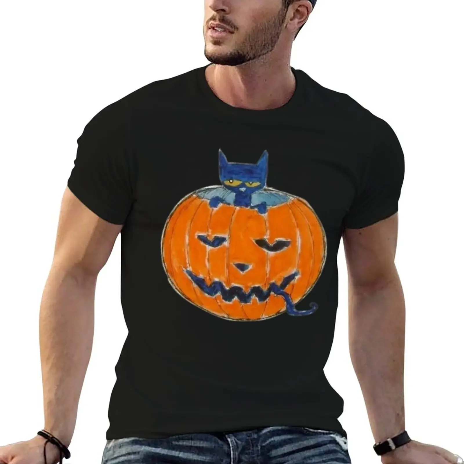 pete the cat in a pumpkin T-Shirt luxury t-shirt oversized t shirt man clothes sweat shirts, men