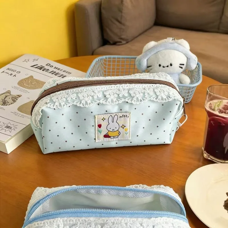 Minimalist Miffy Polka Dot Pencil Case with Lace Trim | Large Capacity Ins-Style Stationery Bag for Students - view 5