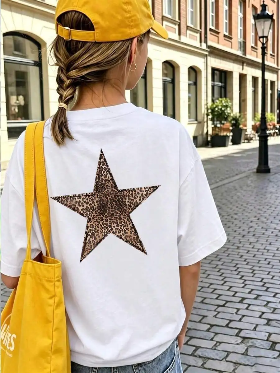 Tween Girl Casual Leopard & Star Print Round Neck Short Sleeve T-Shirt, Bright & Cheerful, Bringing Sunshine Every Day! Summer Top, Tween Girl Summer, Graphic Tee