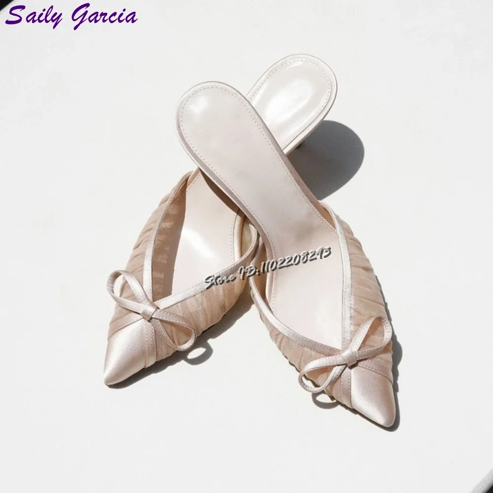 

Плиссированные кружевные тапочки на шпильке, однотонные туфли-лодочки на высоком каблуке с острым носком, модные летние женские свадебные туфли 2023 г.