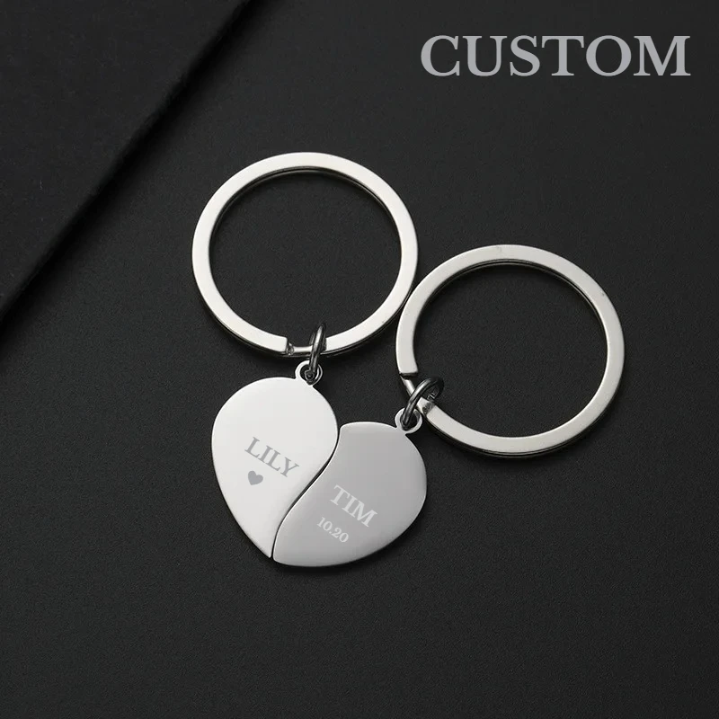 2PC Set Personalize Name Couple Heart Matched Metal Keychain Laser Custom Logo Stainless Steel Lover Keyring Key Chain Ring Gift