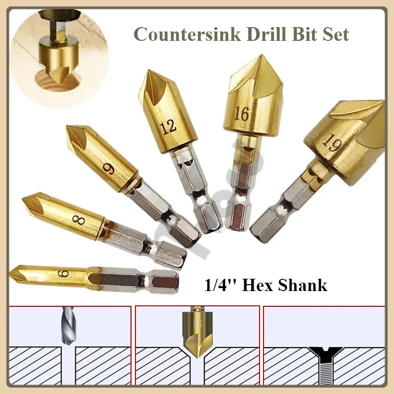 

3/6pcs Countersink Drill Bit Set 1/4'' Hex Shank HSS 5 Flute Countersink 90 Degree Wood Chamfering Cutter 6mm-19mm Wood Drilling