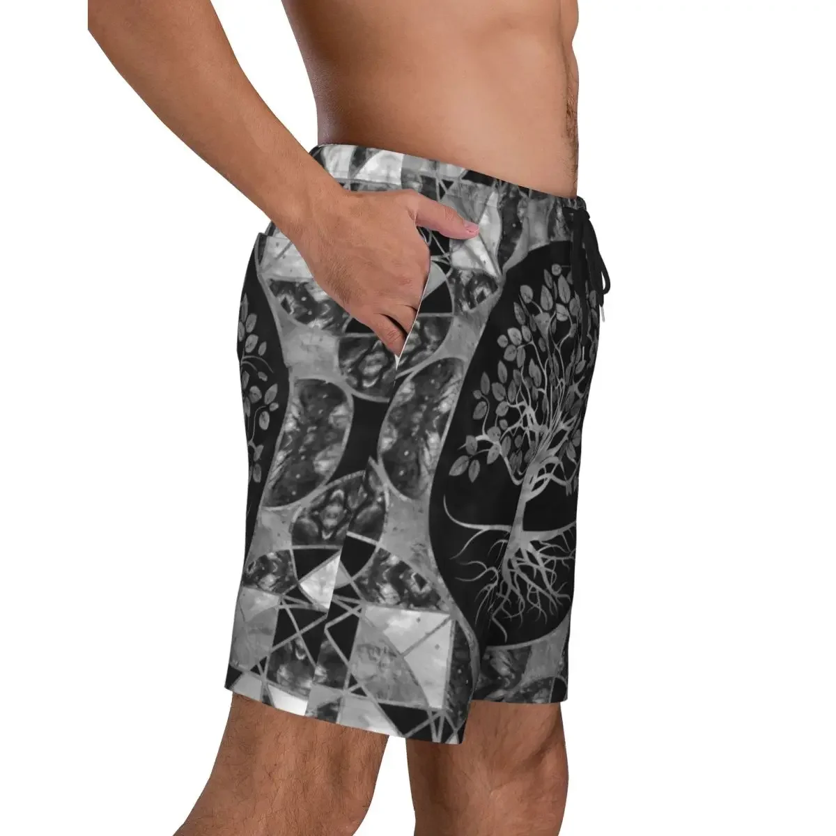 Tree Of Life Gray Scale Gemstone Boardshorts Men Quick Dry Shorts Vikings Yggdrasil Swim Trunks Custom Printed Bathing Suits