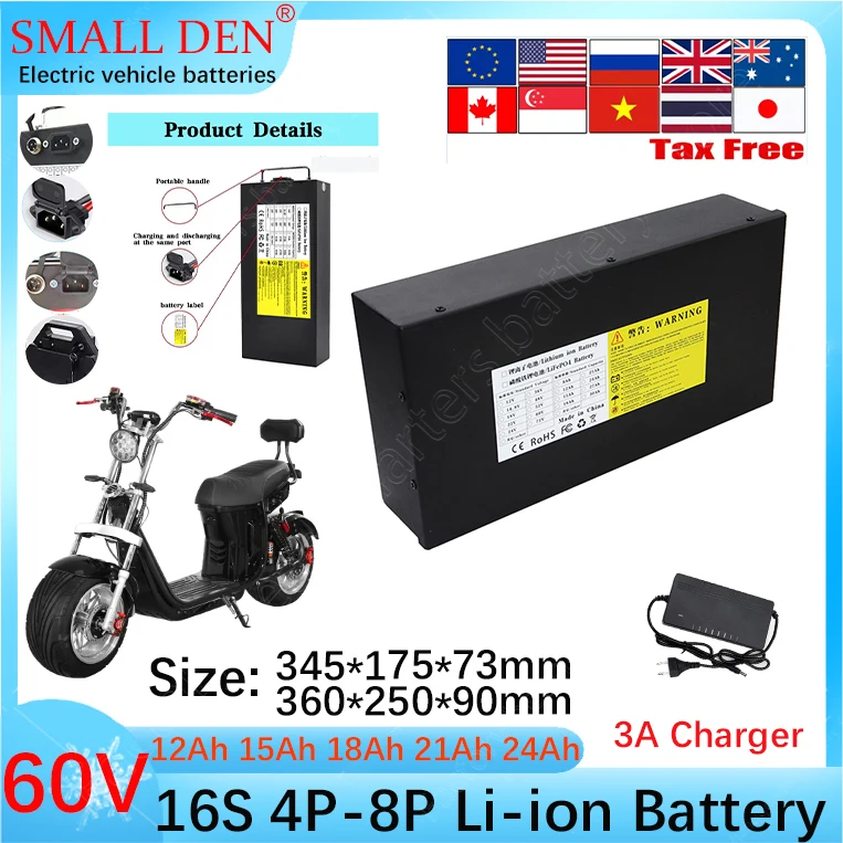 

60V 12Ah 15Ah 18Ah 21Ah 24Ah 18650 16S4P-8P 1800W high-power high-capacity lithium-ion battery with long battery life+3A charger