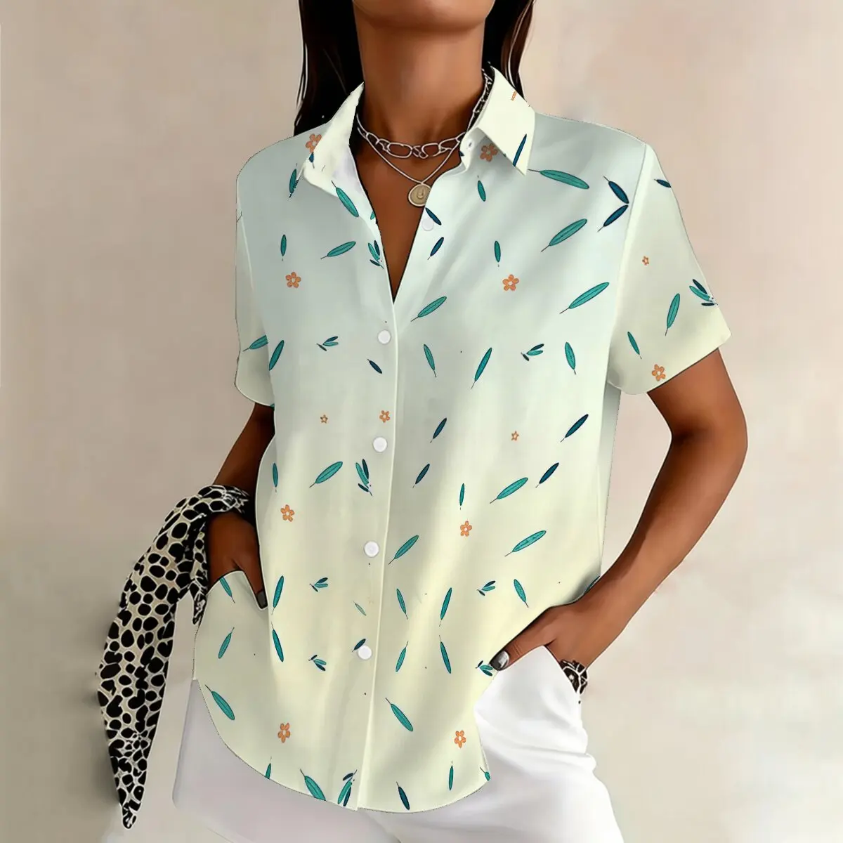

Simple and personalized leaf print summer women's plus size lapel short sleeved shirt fashionable daily versatile casual top