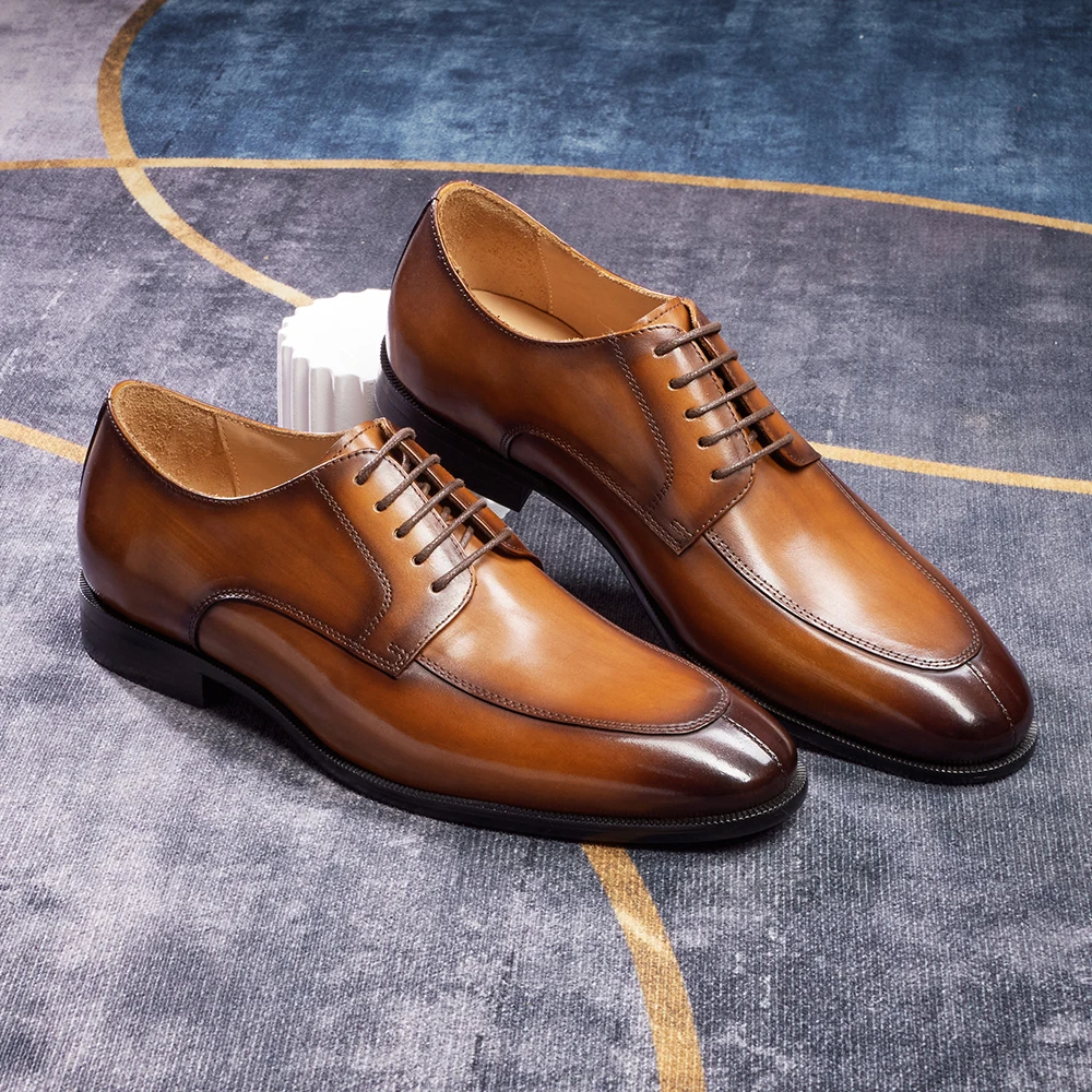 Men's Business Casual Shoes Distressed Wood Grain Square Toe Leather Derby Comfortable Office Wear Formal Dress Shoes Footwear