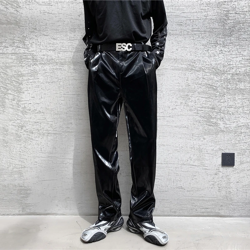 LUZHEN Trendy Elegant Men\'s Glossy Leather Straight Casual Pants High Quality Street Pu Stretch Trousers 2024 Stylish New 5fe326